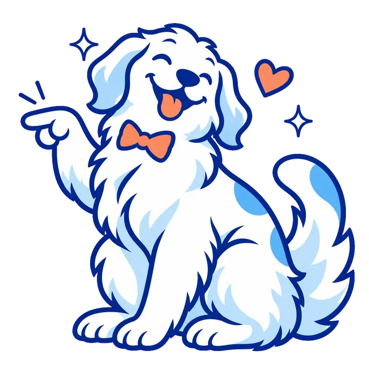 Ilustração do cachorro de gravatinha da Bicho Mimado apontando para o texto