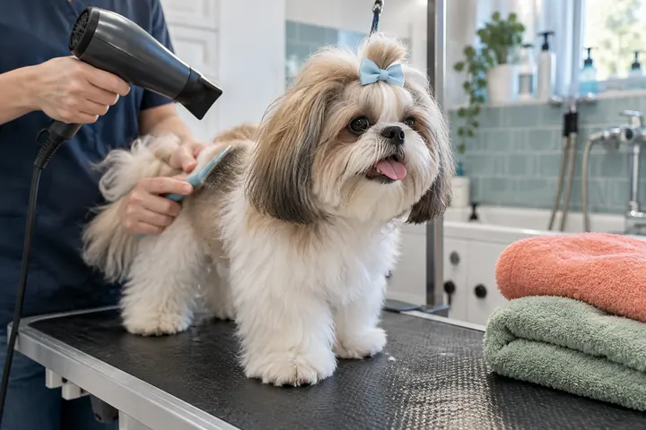 Shih tzu de laço azul sendo escovado e secado no banho e tosa, cena ilustrativa