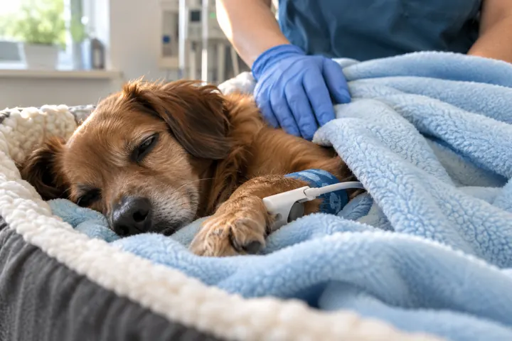 Cachorro descansando sob uma manta azul após o procedimento, cena ilustrativa