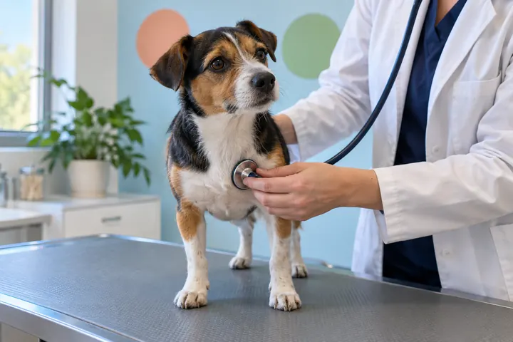 Cachorro tricolor sendo examinado com estetoscópio, cena ilustrativa