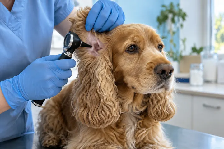 Cocker spaniel com a orelha examinada com otoscópio, cena ilustrativa