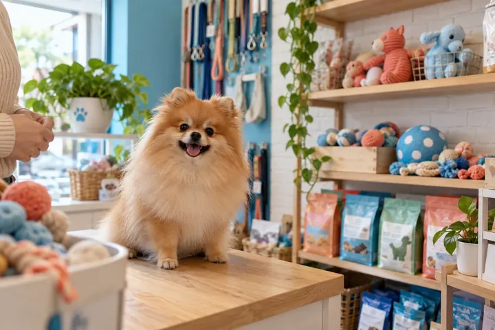 Lulu da Pomerânia no balcão do pet shop, com brinquedos ao fundo, cena ilustrativa