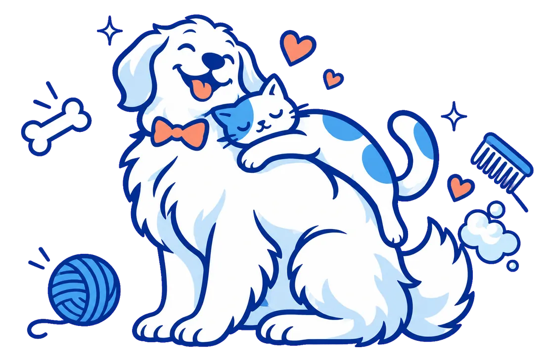Ilustração de um cachorro felpudo de gravatinha com um gato dormindo nas costas